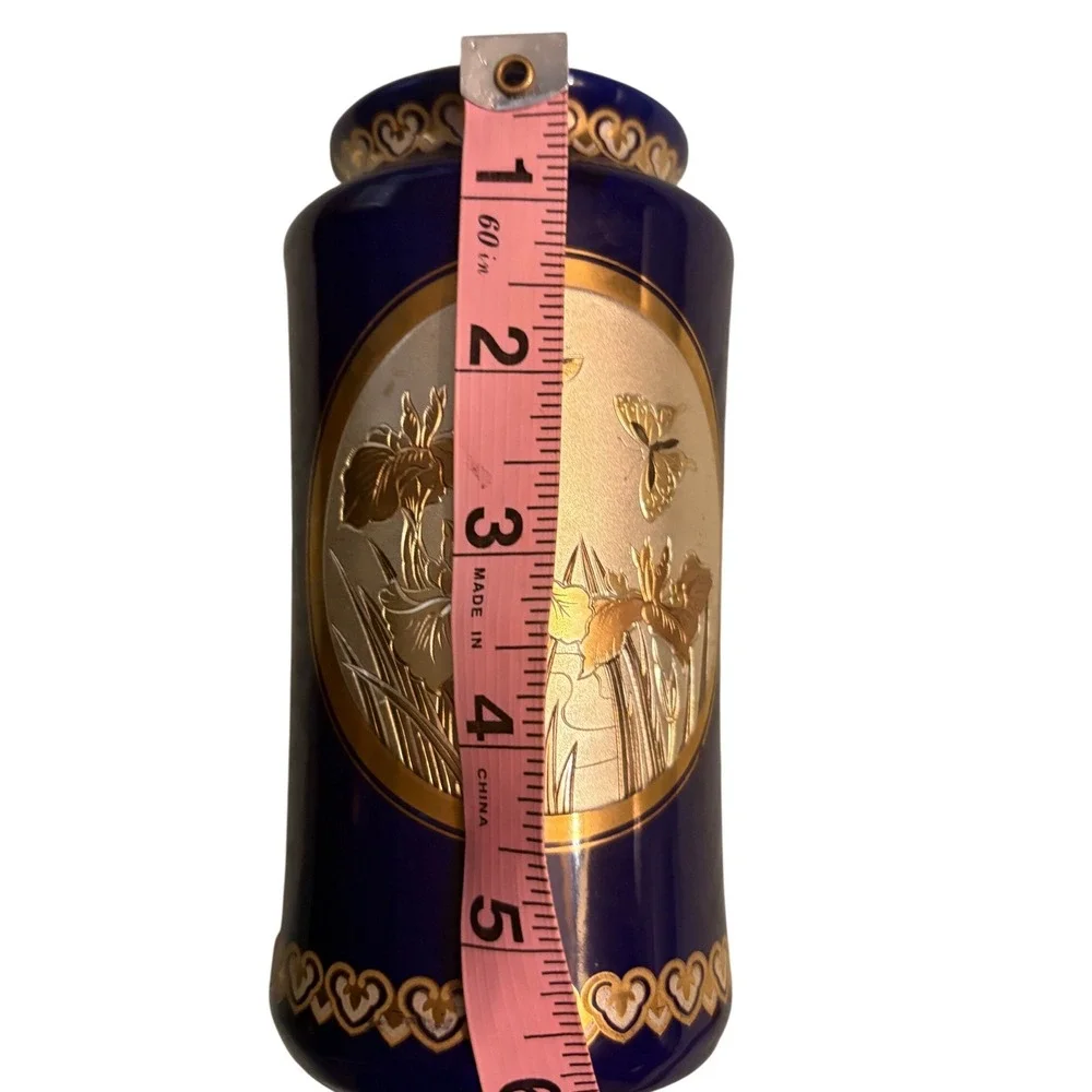 Chokin Art Vase Cobalt Blue Gold Silver Gilded Iris Butterfly Japanese Decor